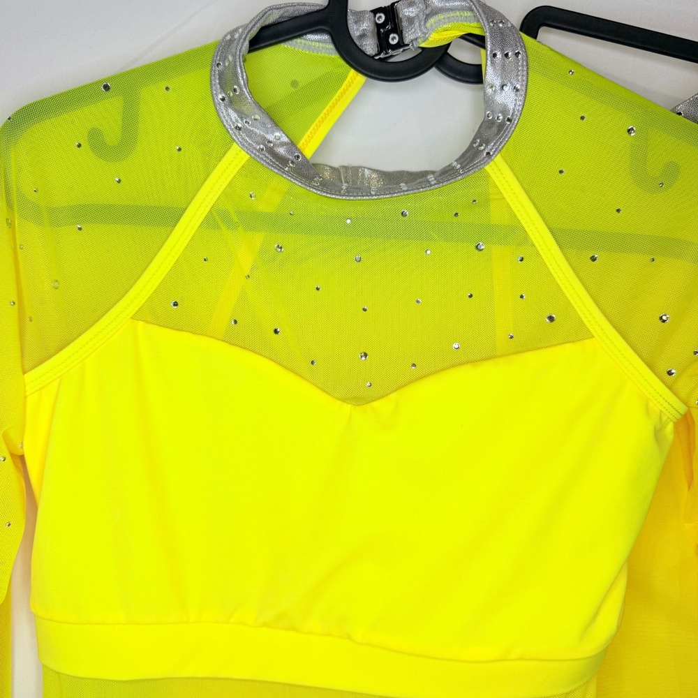 Double Platinum Size Medium Neon Yellow Rhinestone Leo and Skirt Dance Costume - Picture 5 of 10